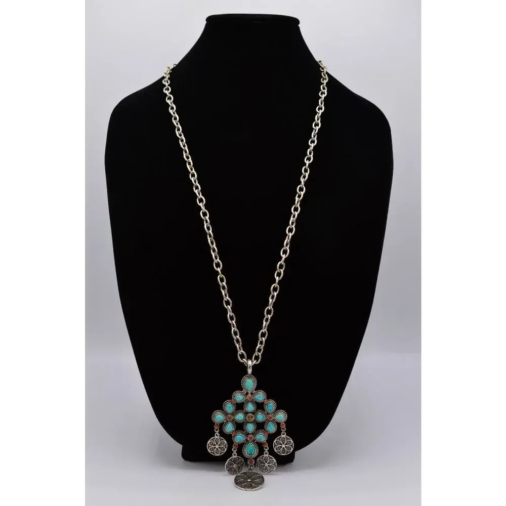 Graziano Vintage Turquoise Cabochon Coin Pendant Necklace South Western 1990s 9J